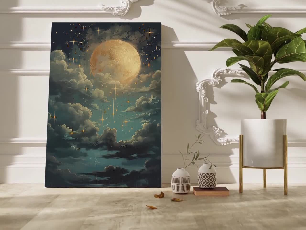 Vintage Enchanting Celestial Moon Art Oil Painting Canvas